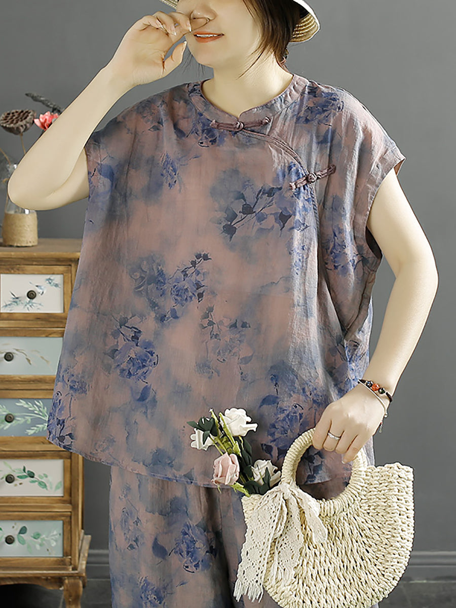 Frauen Ethnische Sommer Floral Schnalle 100% Ramie Shirt KL1007