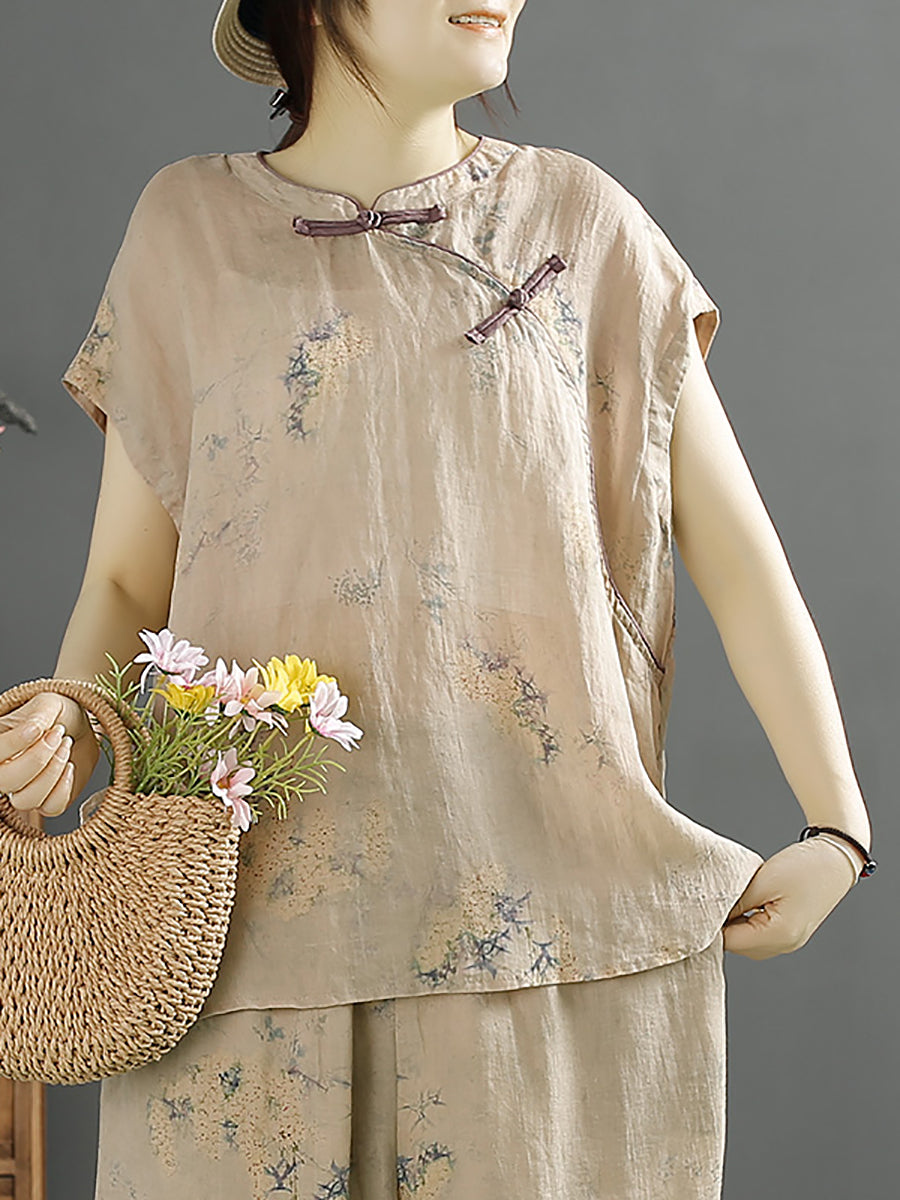 Frauen Ethnische Sommer Floral Schnalle 100% Ramie Shirt KL1007