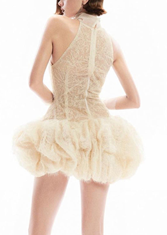 Apricot Sexy Lace Turtleneck Sleeveless Patchwork Dress Mid