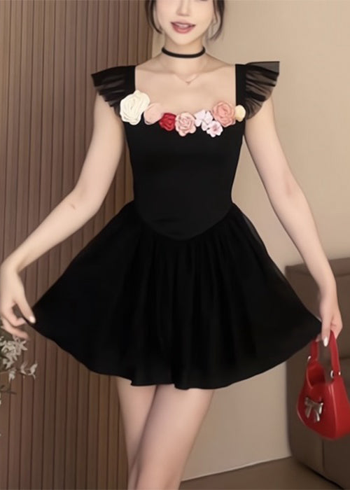 Sexy schwarzes, eckiges Kragenkleid aus massiver Baumwolle mit mittlerem Schnitt, Sommerkleid XX014