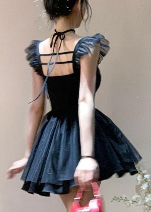 Sexy schwarzes, eckiges Kragenkleid aus massiver Baumwolle mit mittlerem Schnitt, Sommerkleid XX014