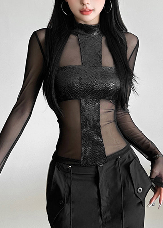 Haut en tulle transparent à col roulé et imprimé printanier noir sexy