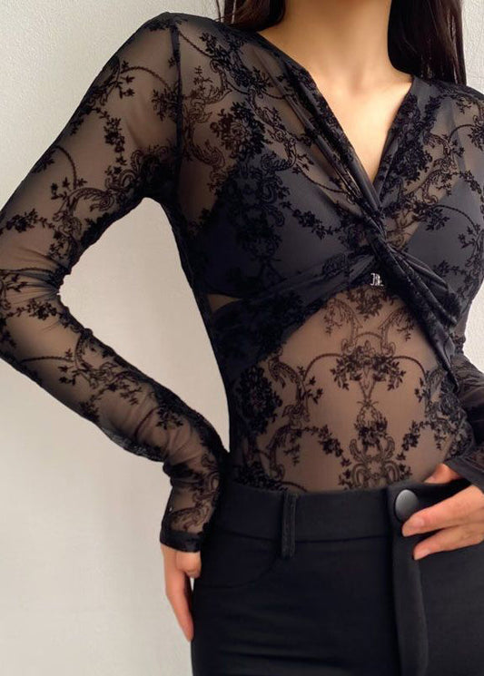 Body sexy en tulle froissé noir avec col en V et flocage