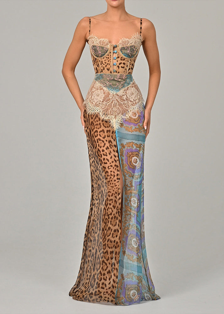 Kleid Blau Chiffon Sexy Spaghettiträger Patchwork Leopard Spitze