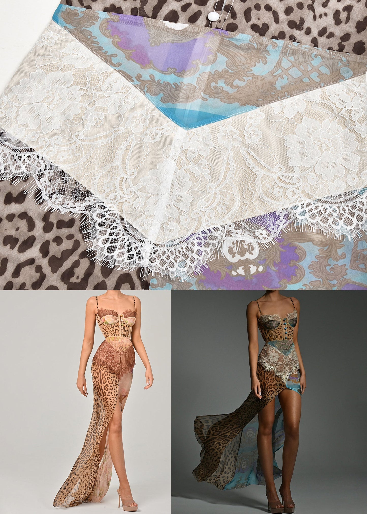 Kleid Blau Chiffon Sexy Spaghettiträger Patchwork Leopard Spitze