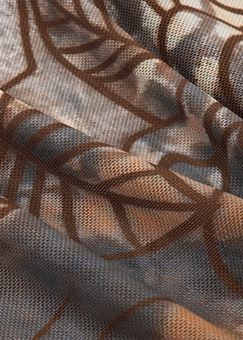 Sexy braunes asymmetrisches Print-Tüll-Tanktop ärmellos YZ051