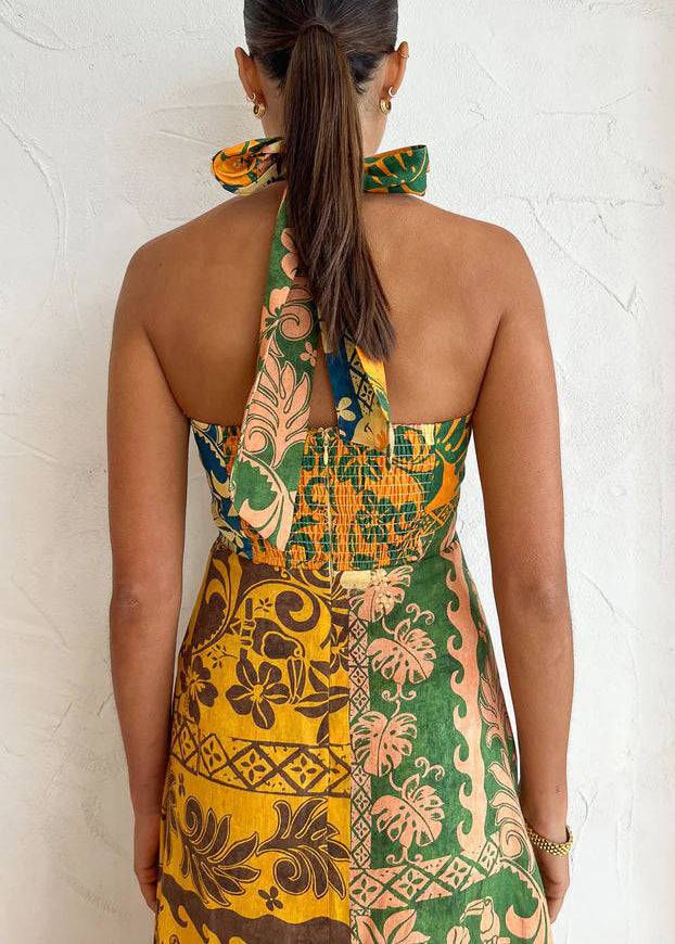 Sexy Leinen-Ferienkleid mit Farbblock-Print und Schnürung, ärmellos FF079