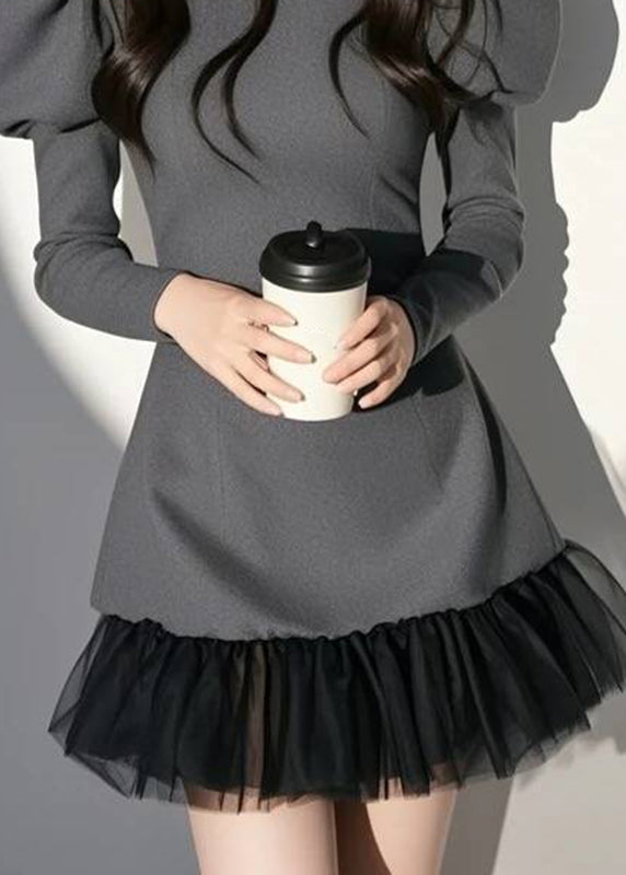 O-Ausschnitt Mid Puff Kleid Ärmel Sexy Patchwork Grau