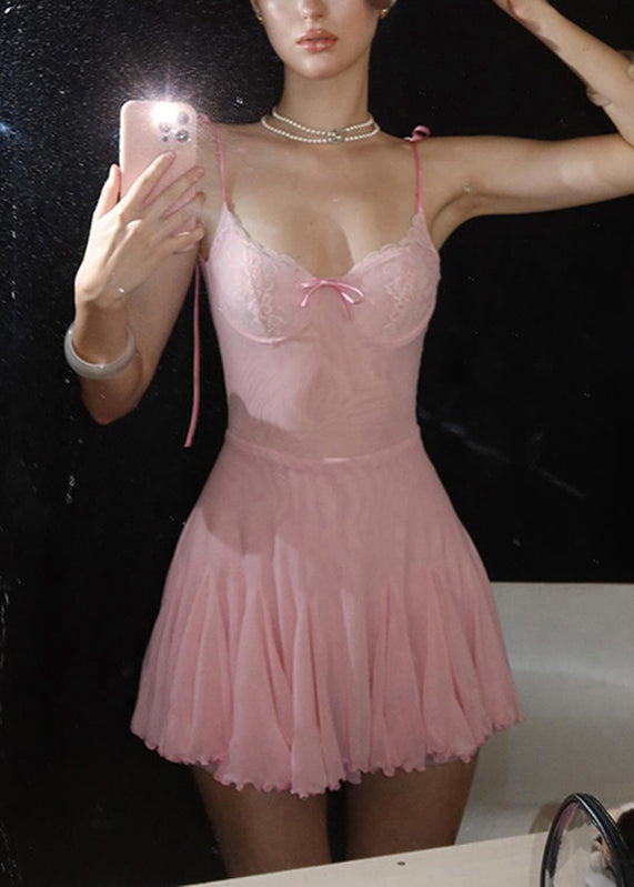 Strap Sexy Sleeveless Dress Spaghetti Tulle Patchwork Mid Pink