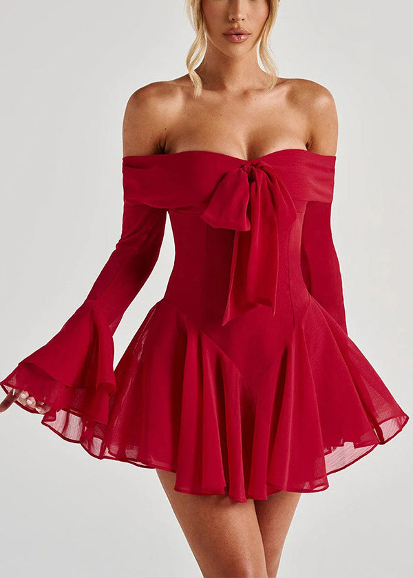 Halsschleife Mid Cotton Sleeve Sexy Slash Red Dress Flare