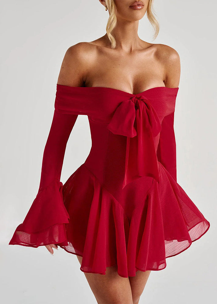 Halsschleife Mid Cotton Sleeve Sexy Slash Red Dress Flare