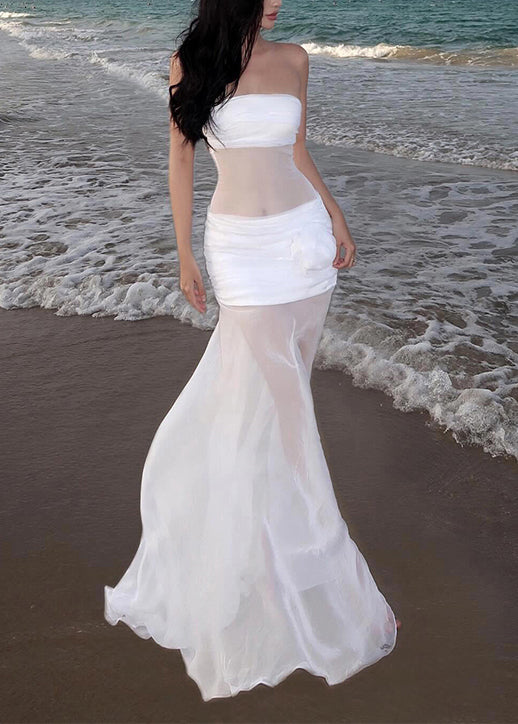 Sexy Kleid Schulterlang Weiß Ärmellos Tüll Kalt Blumen