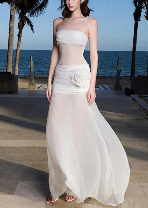 Sexy Kleid Schulterlang Weiß Ärmellos Tüll Kalt Blumen