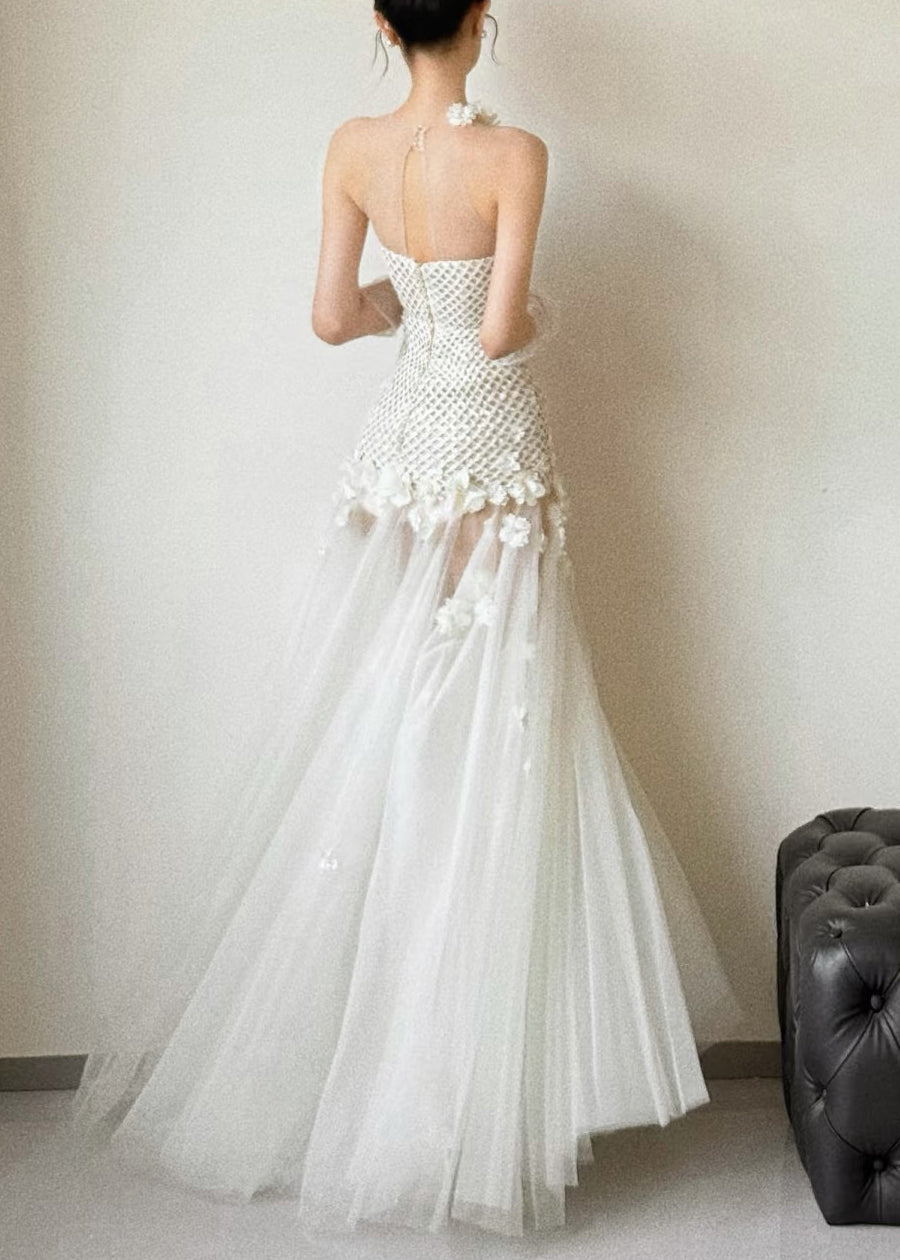 Party White Dress Out Sleeveless Hollow Tulle Patchwork Sexy