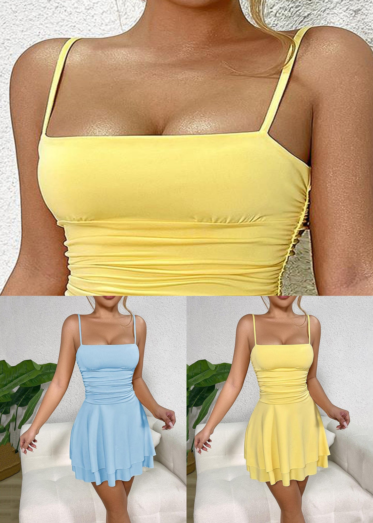 Kalt Sexy Schulter Solide Ärmelloses Gelb Kleid Strap Spaghetti