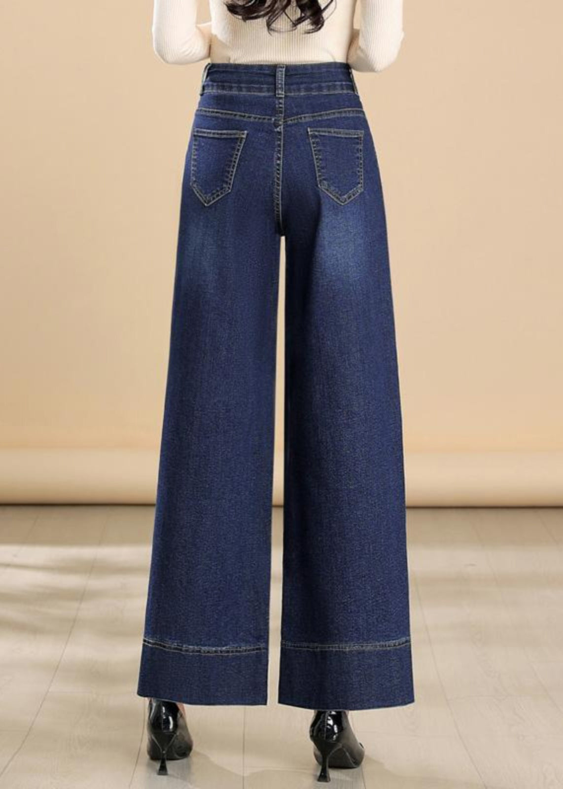 Embroidered Leg Pants Denim Fit Silm Wide Summer Navy