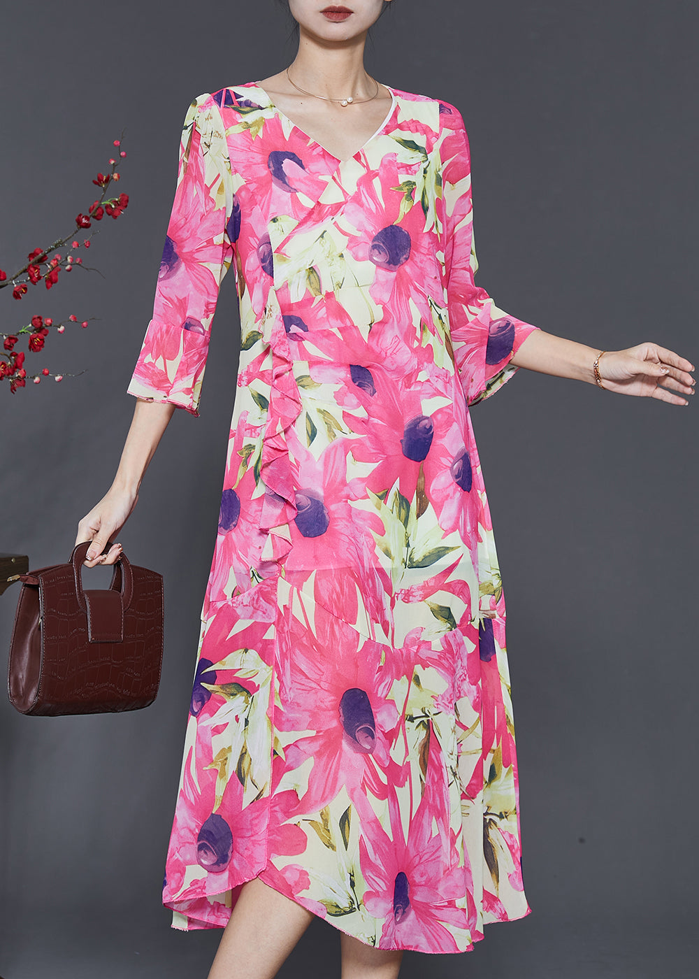Rosa, schlankes, langes Chiffonkleid mit V-Ausschnitt und Print, ausgestellte Ärmel, SD1057