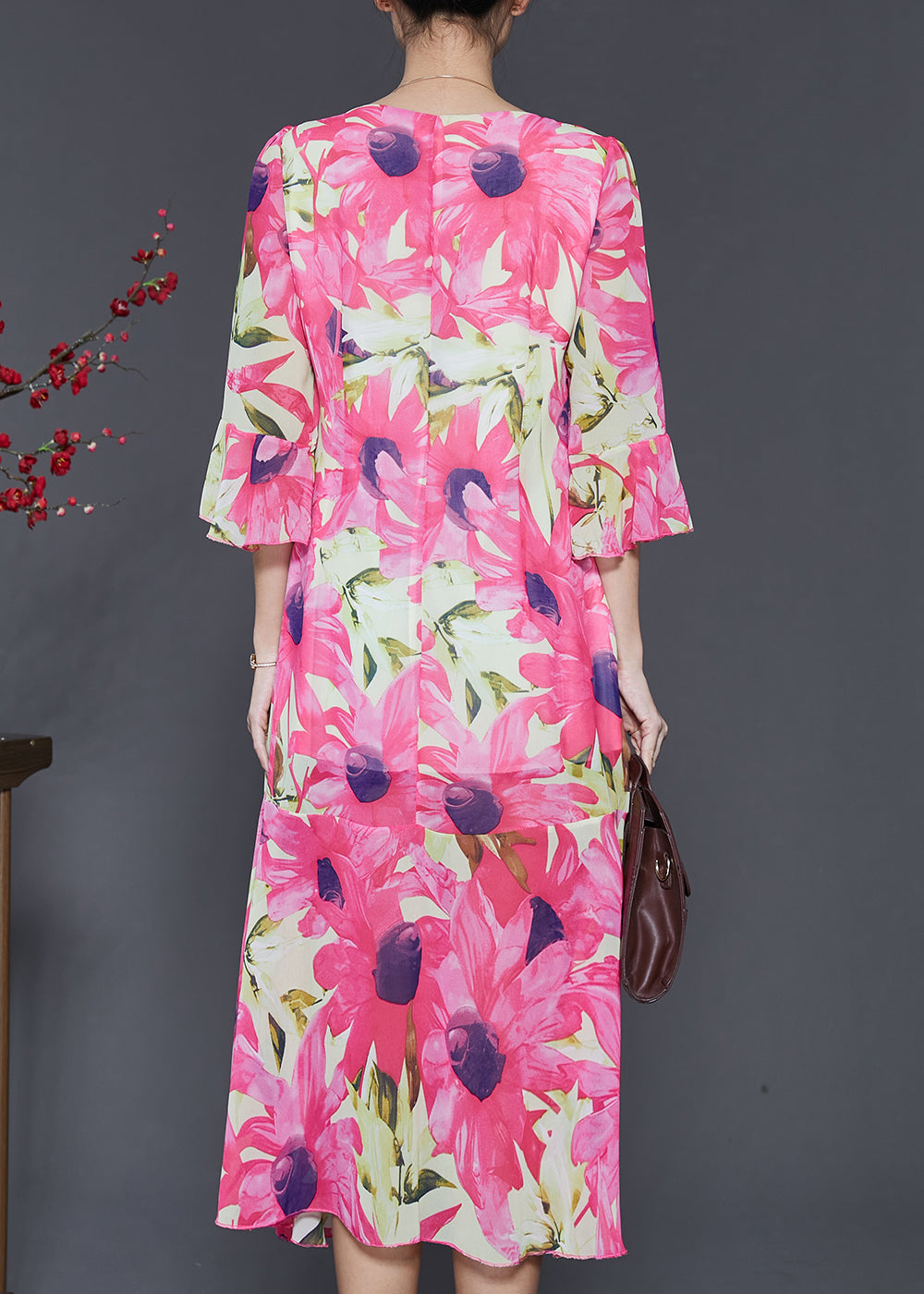 Rosa, schlankes, langes Chiffonkleid mit V-Ausschnitt und Print, ausgestellte Ärmel, SD1057
