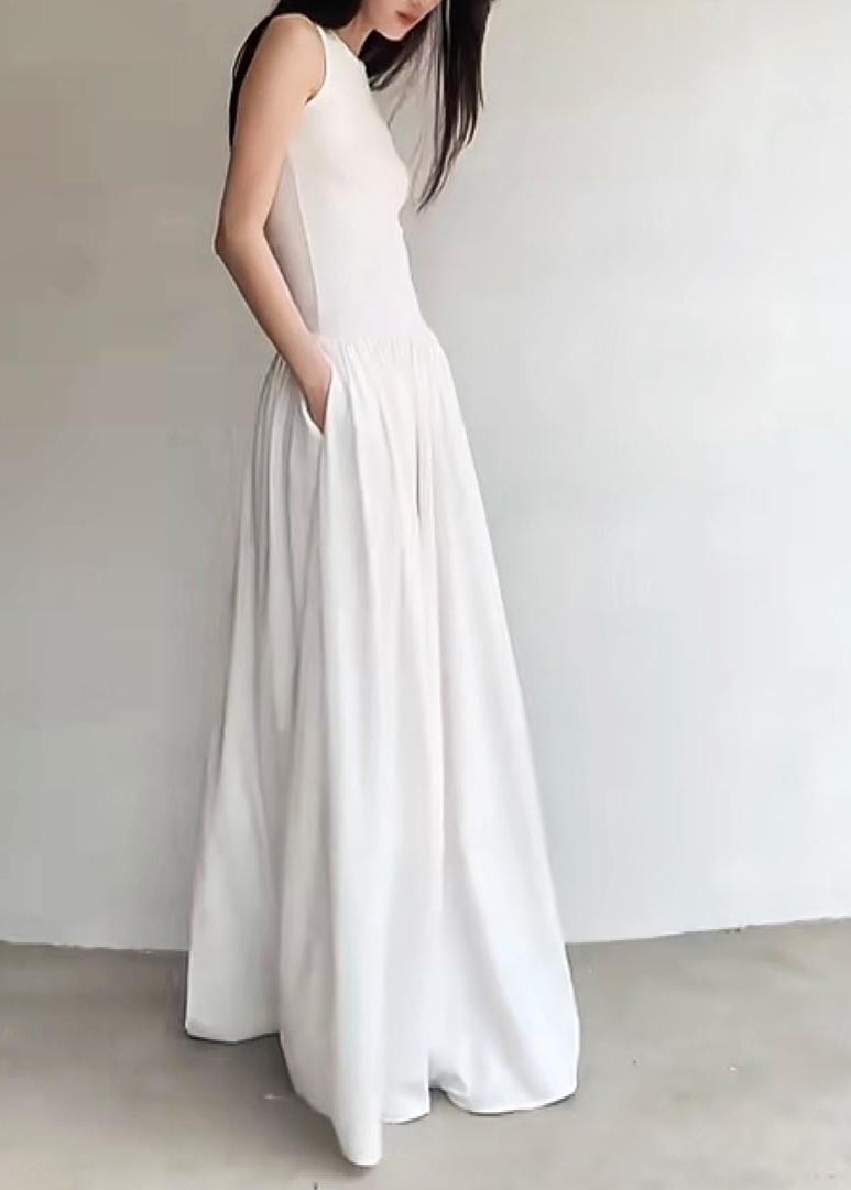 Weißes, extra großes Kleid mit Seidensaum, ärmellos, lang, Baumwolle