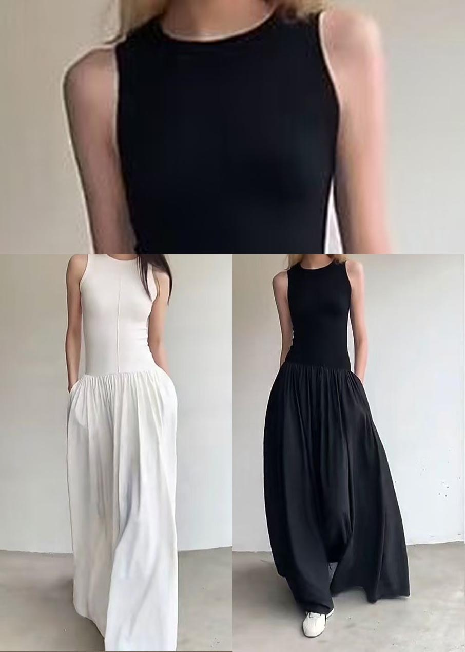 Weißes, extra großes Kleid mit Seidensaum, ärmellos, lang, Baumwolle