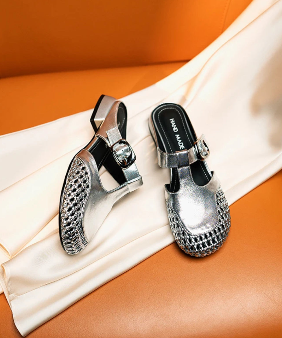 Cowhide Leather Splicing Fashion Slide Sandals Silver Out Hollow