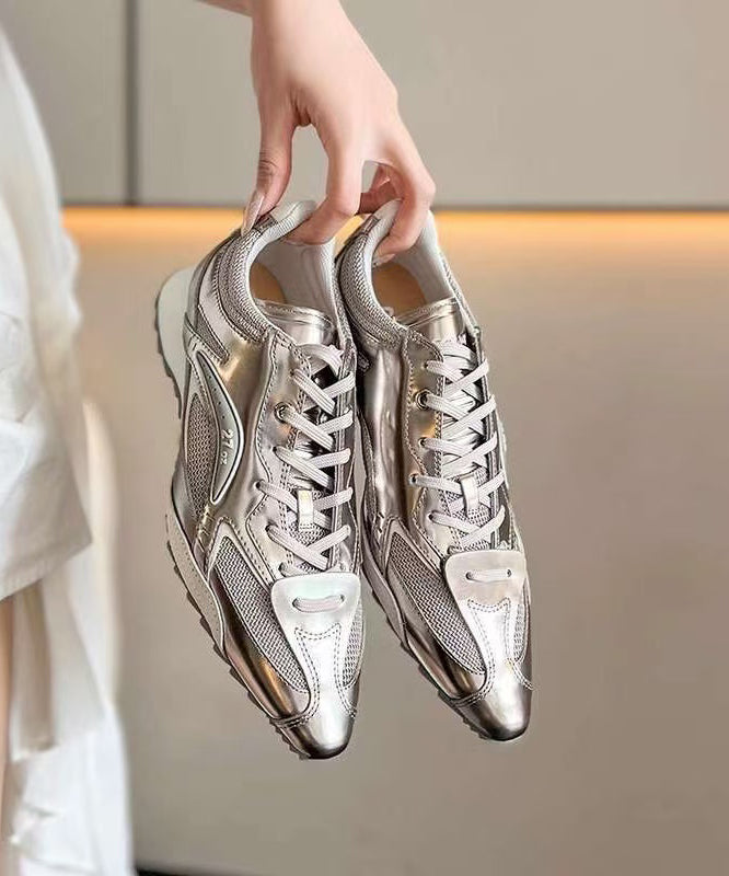 Silver Faux Leather Lace Up Splicing Fashion Sport Shoes Pointed Toe YC001