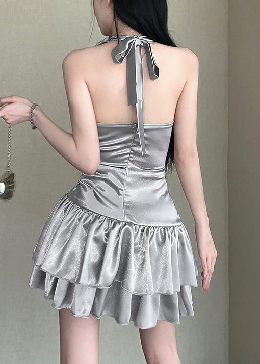 Silbernes Blumenkleid mit hoher Taille und ärmellosem Aushöhlen