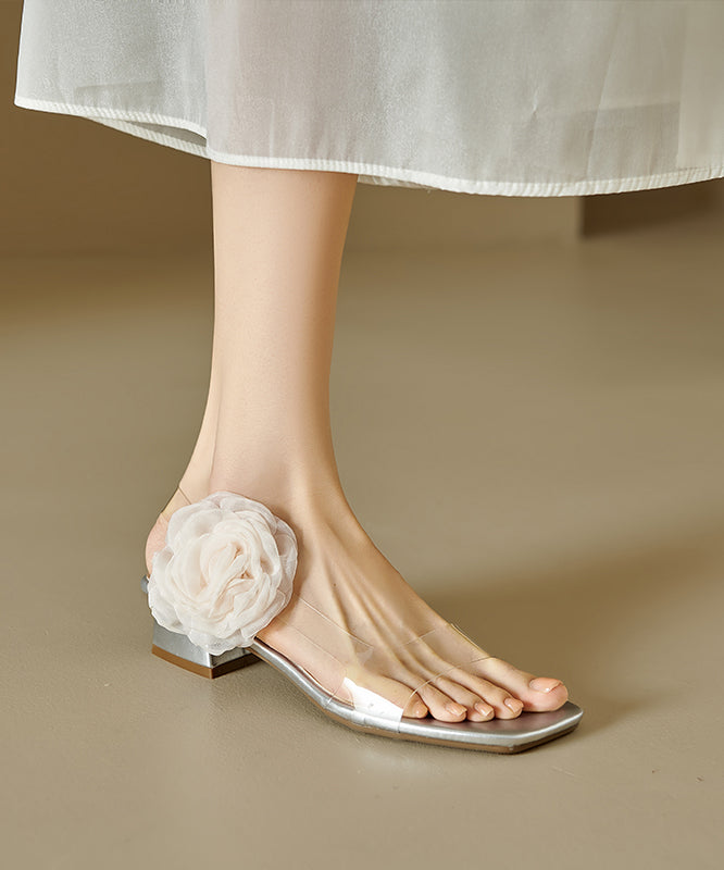 Splicing Silver Stylish Chunky Peep Floral Toe Sandals