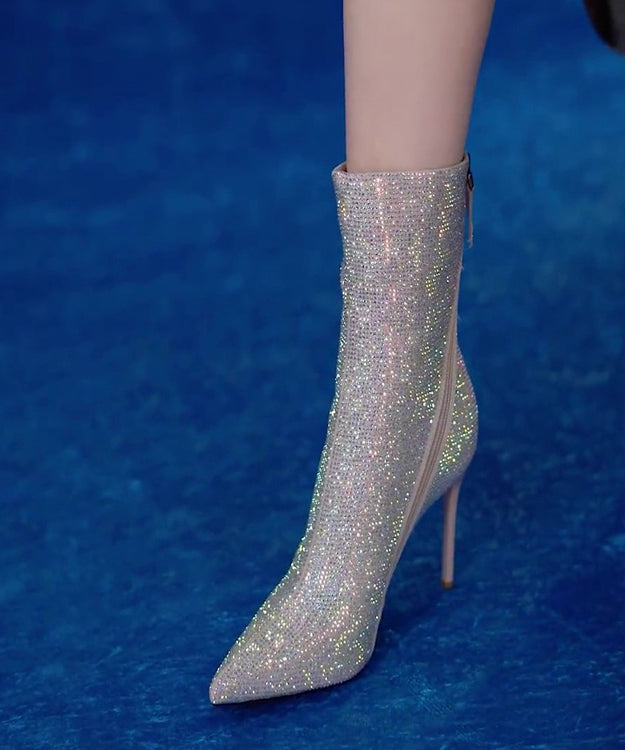 Silberne Stiletto-Stiefel mit Zirkonia, handgefertigt, mit flauschiger Wolle gefüttert, TE010