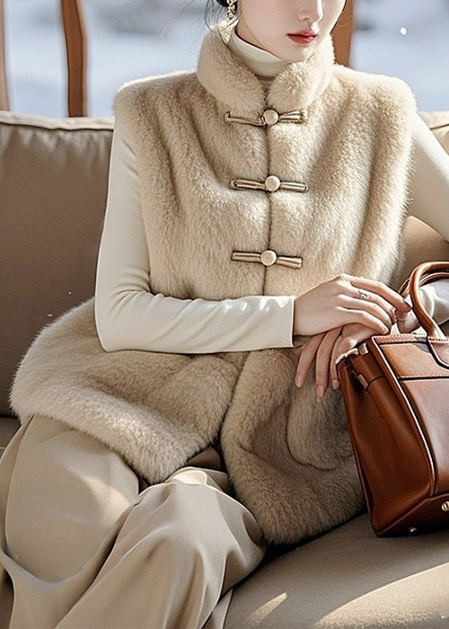 Einfache Beige Knopf Taschen Fuzzy Pelz Flauschigen Ärmelloses RZ010