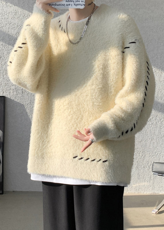 Einfache Beige O Neck Solid Nerz Haar Gestrickte Männer Pullover Winter RC040