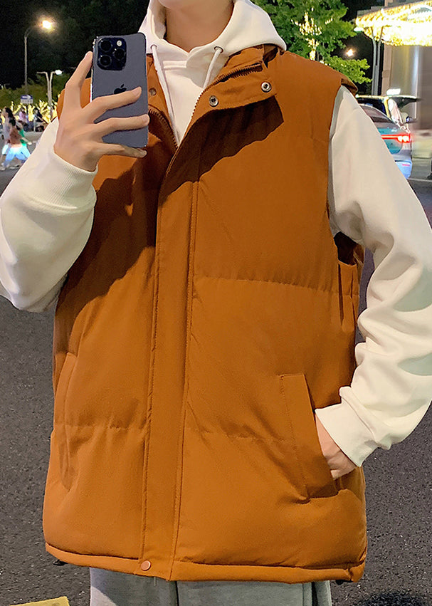 Einfache Beige Stehkragen Taschen Baumwolle Gefüllt Männer Weste Winter EQ028