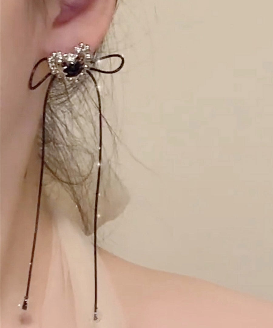 Einfache schwarze Kupfer Overgild Liebe Bogen Quaste Drop Ohrringe YA022