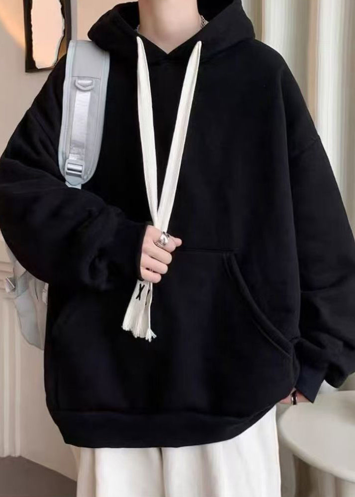 Einfaches schwarzes Kapuzen-Sweatshirt mit Schnürung und Taschen aus Baumwolle für Herren, Frühling, YQ030