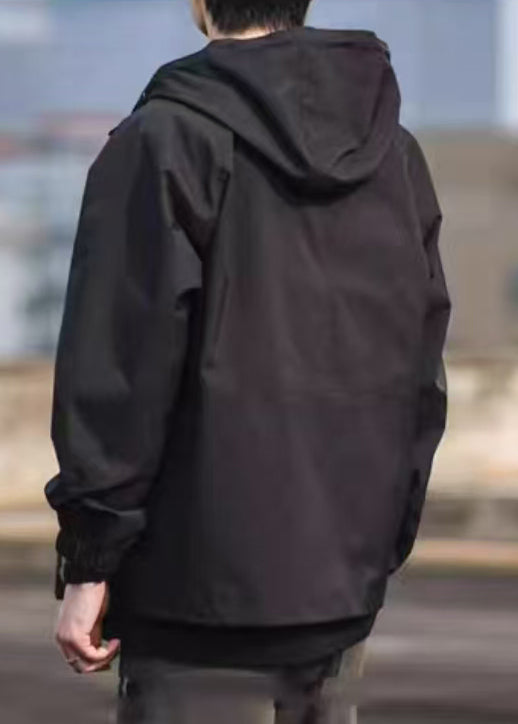 Manteau simple à capuche en coton uni avec poches noires pour homme, printemps
