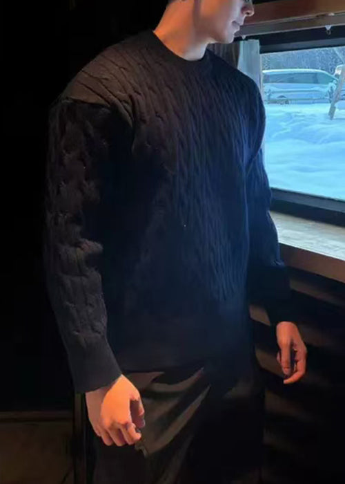 Einfache Schwarz O Neck Zopfmuster Männer Pullover Frühling TK013