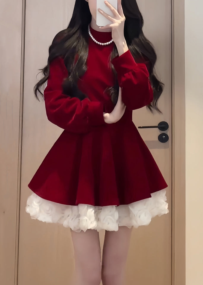 Einfaches schwarzes O-Ausschnitt-Patchwork-Seidensamt-Mittelkleid Frühling YT036