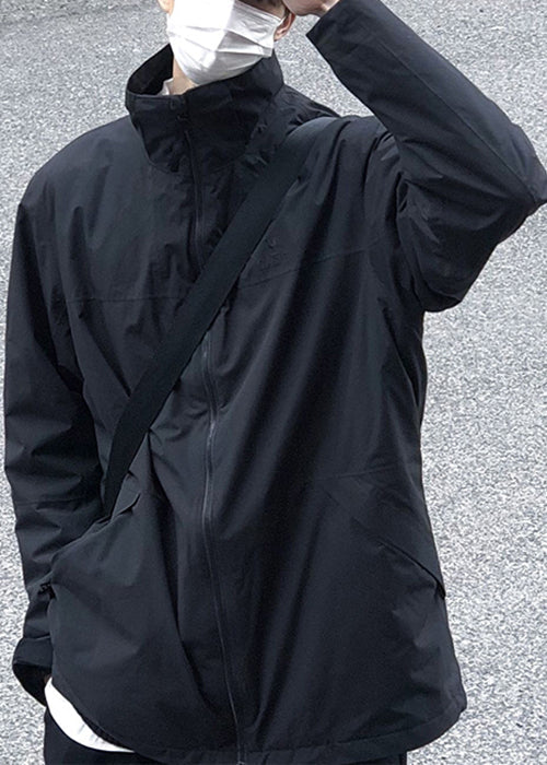 Manteau uni pour homme, fermeture éclair, simple, en coton, col montant, noir