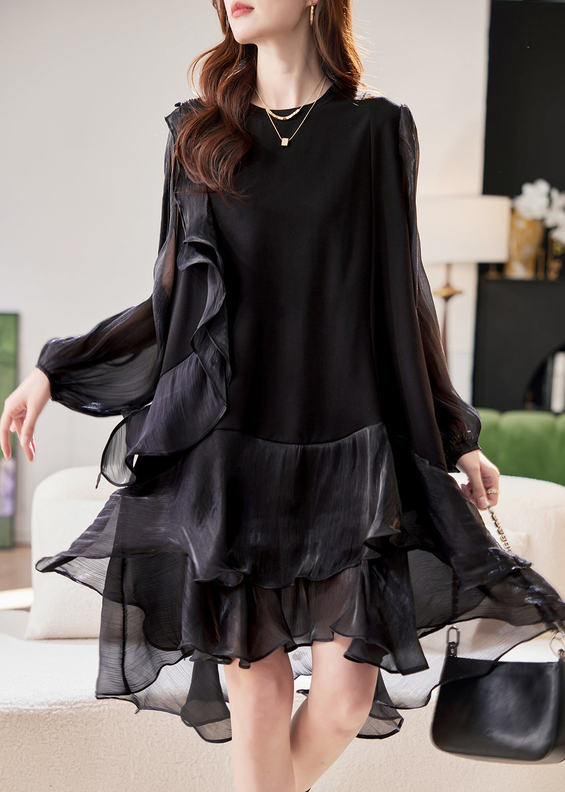 Schwarzes Kleid Laterne Patchwork Mittel Einfach Urlaub Ärmel Tüll