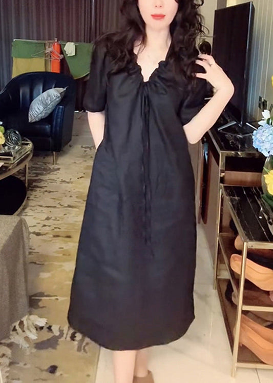 Up Simple Pockets Black Long Dress Lace V Neck Linen Summer