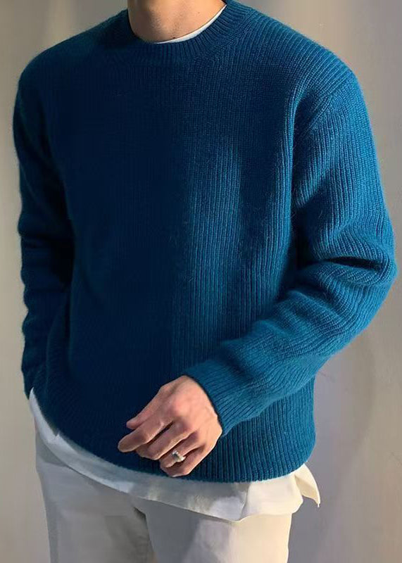 Einfache Blau O Neck Solide Strick Herren Pullover Frühling TK015