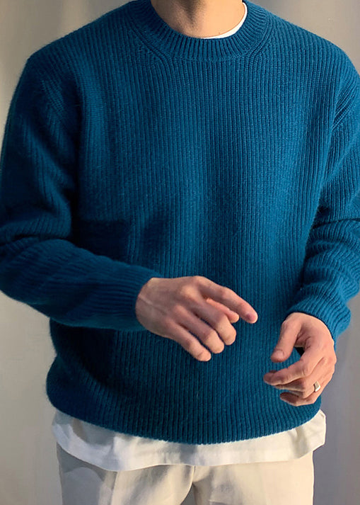 Einfache Blau O Neck Solide Strick Herren Pullover Frühling TK015