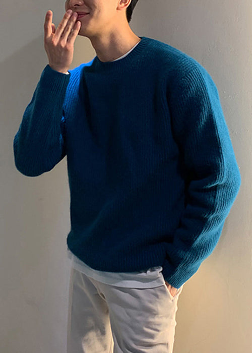Einfache Blau O Neck Solide Strick Herren Pullover Frühling TK015