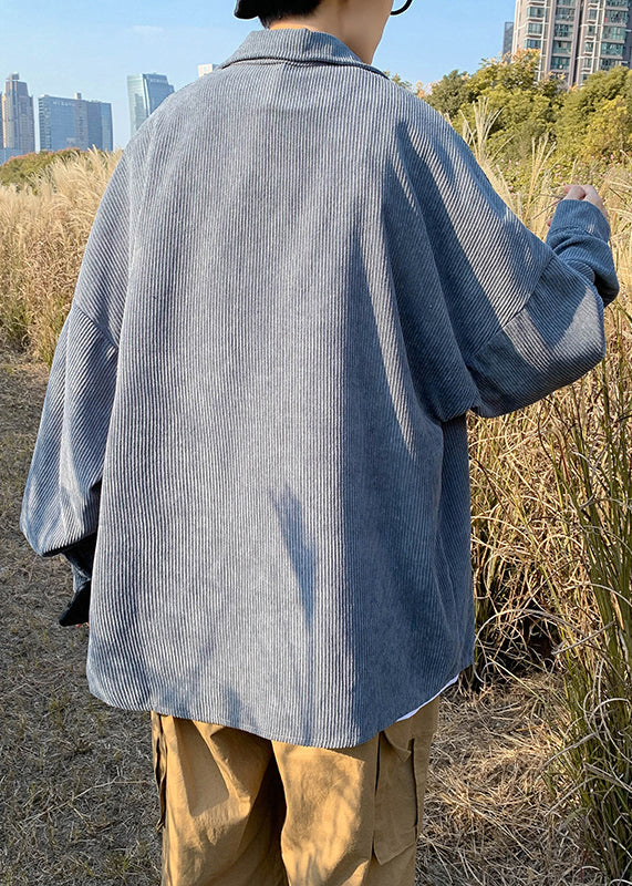 Einfache Kragen Peter Shirts Cord Taste Blau Mantel Herren Pan