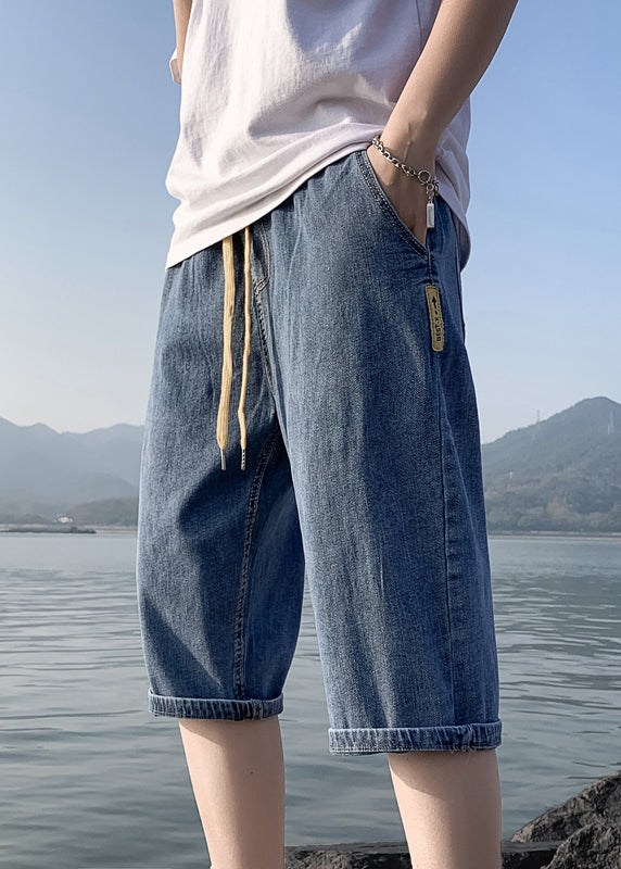 Simple Blue Pockets Elastic Waist Solid Denim Men Crop Pants Summer YL030