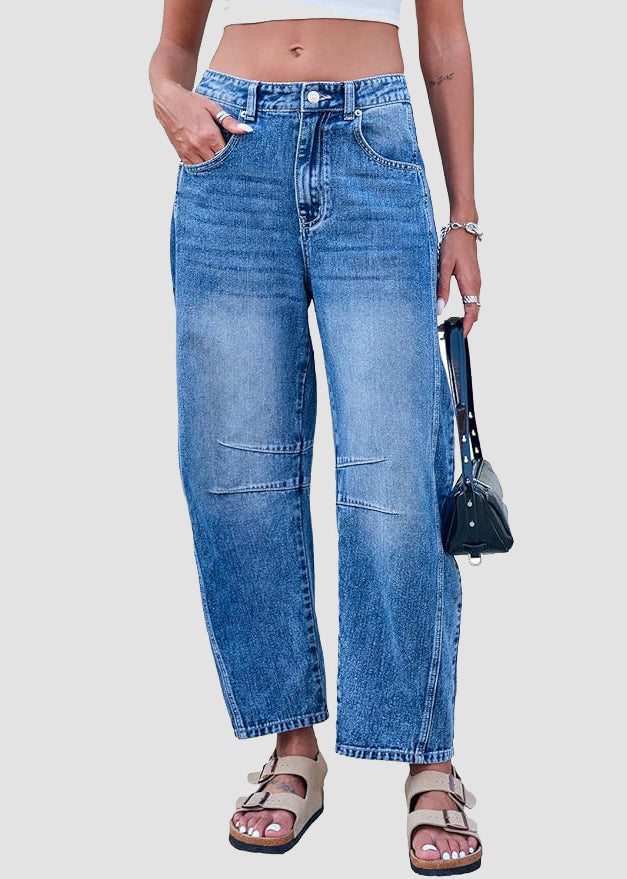 Pantalon d'été simple en jean taille haute avec poches courtes bleues