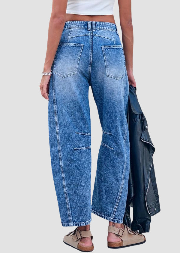 Pantalon d'été simple en jean taille haute avec poches courtes bleues