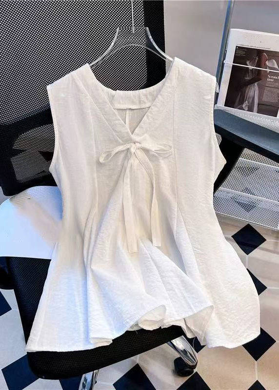 Bow Simple V Solid Cotton Blue Sleeveless Tank Neck