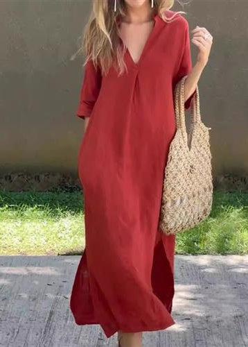 Kleid Einfaches Leinen Sommer Blau V Seitlich Offener Hals Lang