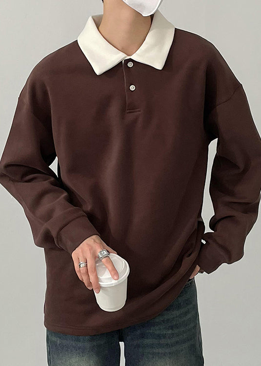 TC023 Chemise simple boutonnée en coton printemps marron pour homme, polo patchwork
